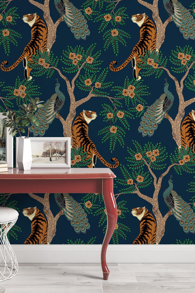 Tiger and Peacock Peel and Stick Wallpaper- Traditional wallpaper 3146